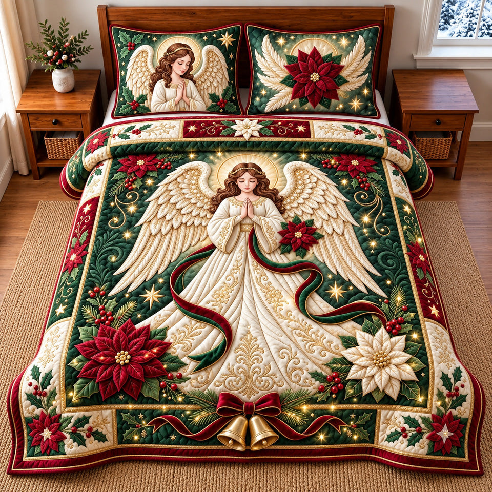 Poinsettia Angel quilted bedding set, quilt and two pillow shams on a made bed