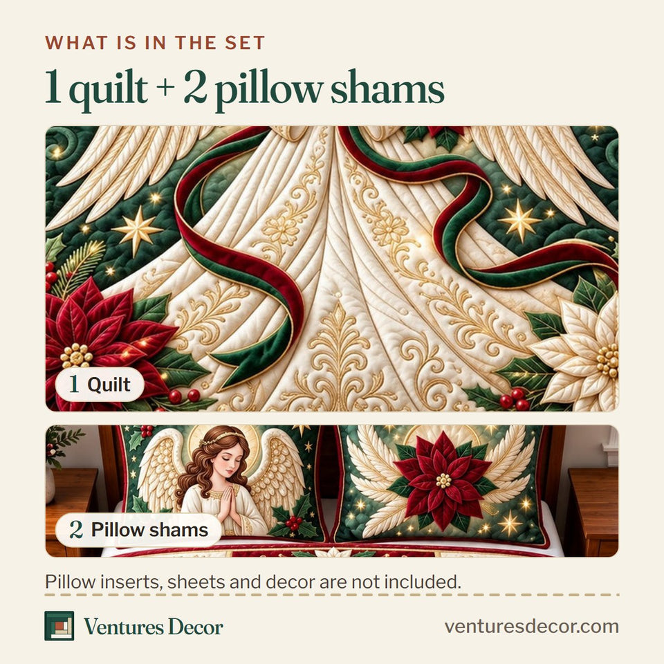 What is in the set: one quilt and two pillow shams, shown in the Christmas Poinsettia Angel Quilt Set, 3-Piece Quilted Bedding with 2 Pillow Shams design