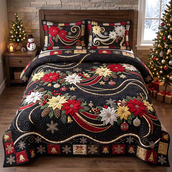 Poinsettia Charm in Black quilted bedding set, quilt and two pillow shams on a made bed