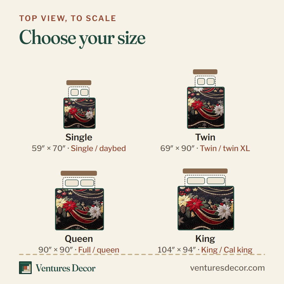 Size guide for the Poinsettia Charm in Black quilt, top view to scale: Single 59 x 70 in, Twin 69 x 90 in, Queen 90 x 90 in, King 104 x 94 in