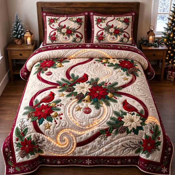 Poinsettia Charm in Blush quilted bedding set, quilt and two pillow shams on a made bed