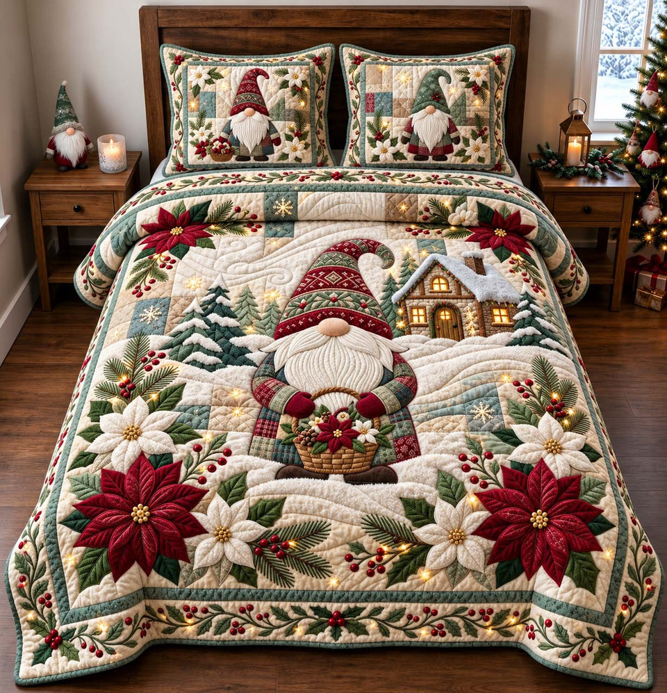 Poinsettia Christmas Gnome quilted bedding set, quilt and two pillow shams on a made bed