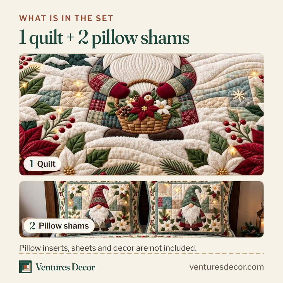 What is in the set: one quilt and two pillow shams, shown in the Poinsettia Christmas Gnome Quilt Set, 3-Piece Quilted Bedding with 2 Pillow Shams design