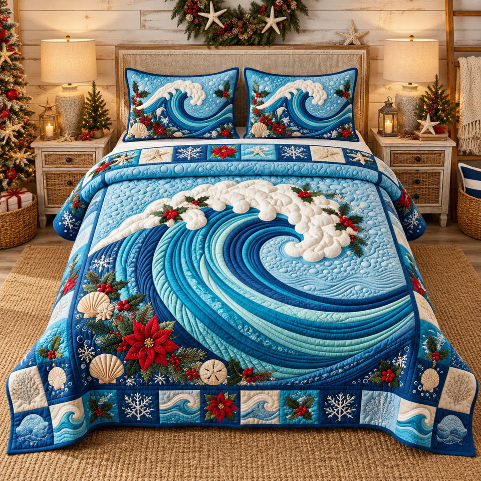 Poinsettia Ocean Wave quilted bedding set, quilt and two pillow shams on a made bed