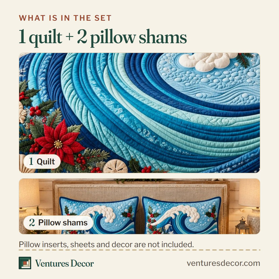 What is in the set: one quilt and two pillow shams, shown in the Christmas Poinsettia Ocean Wave Quilt Set, 3-Piece Quilted Bedding with 2 Pillow Shams design