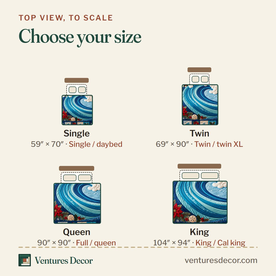 Size guide for the Christmas Poinsettia Ocean Wave Quilt Set, 3-Piece Quilted Bedding with 2 Pillow Shams quilt, top view to scale: Single 59 x 70 in, Twin 69 x 90 in, Queen 90 x 90 in, King 104 x 94 in
