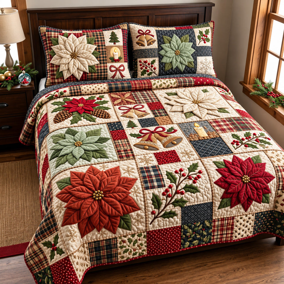 Poinsettia Patchwork quilted bedding set, quilt and two pillow shams on a made bed