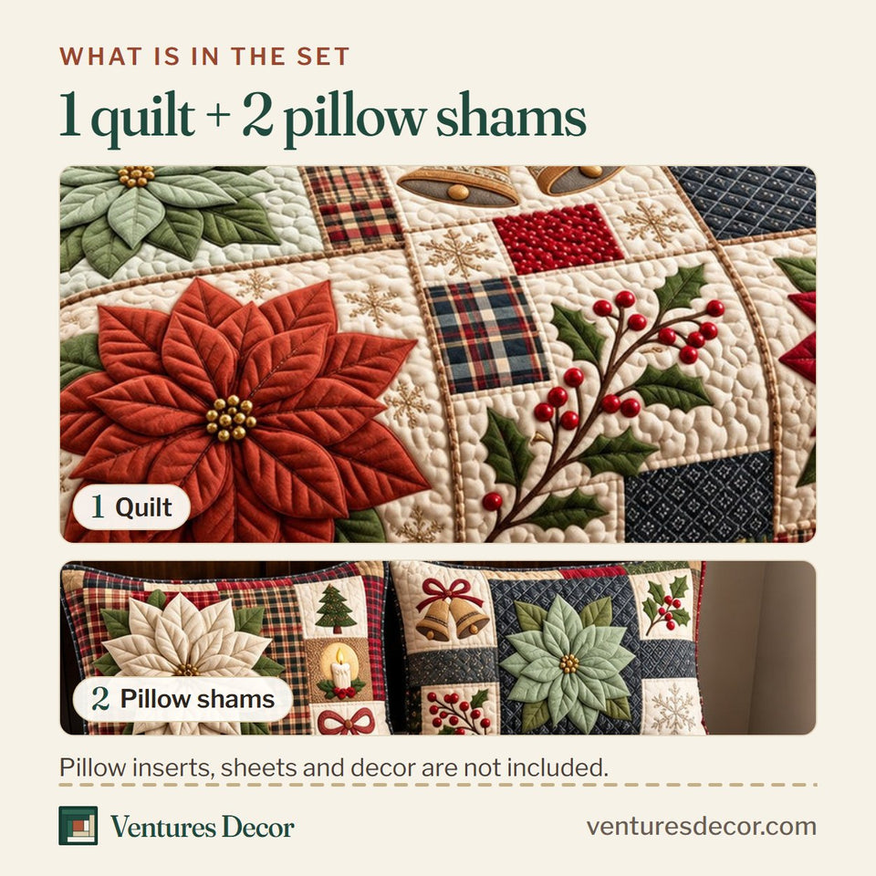 What is in the set: one quilt and two pillow shams, shown in the Christmas Poinsettia Patchwork Quilt Set, 3-Piece Quilted Bedding with 2 Pillow Shams design