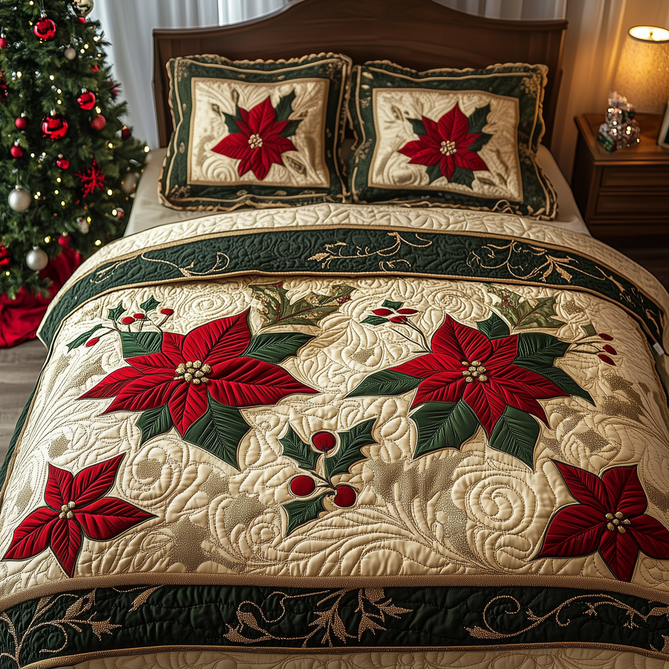 Poinsettia Ribbon Holiday quilted bedding set, quilt and two pillow shams on a made bed