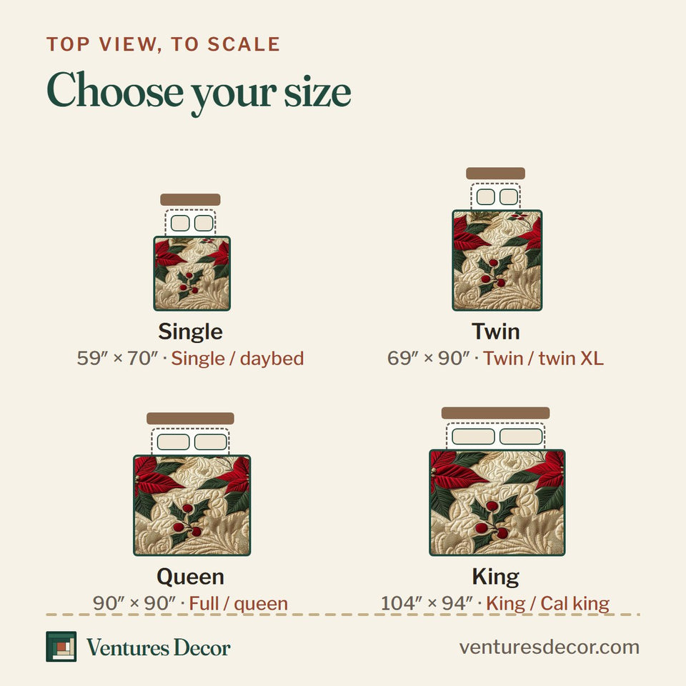 Size guide for the Poinsettia Ribbon Holiday quilt, top view to scale: Single 59 x 70 in, Twin 69 x 90 in, Queen 90 x 90 in, King 104 x 94 in