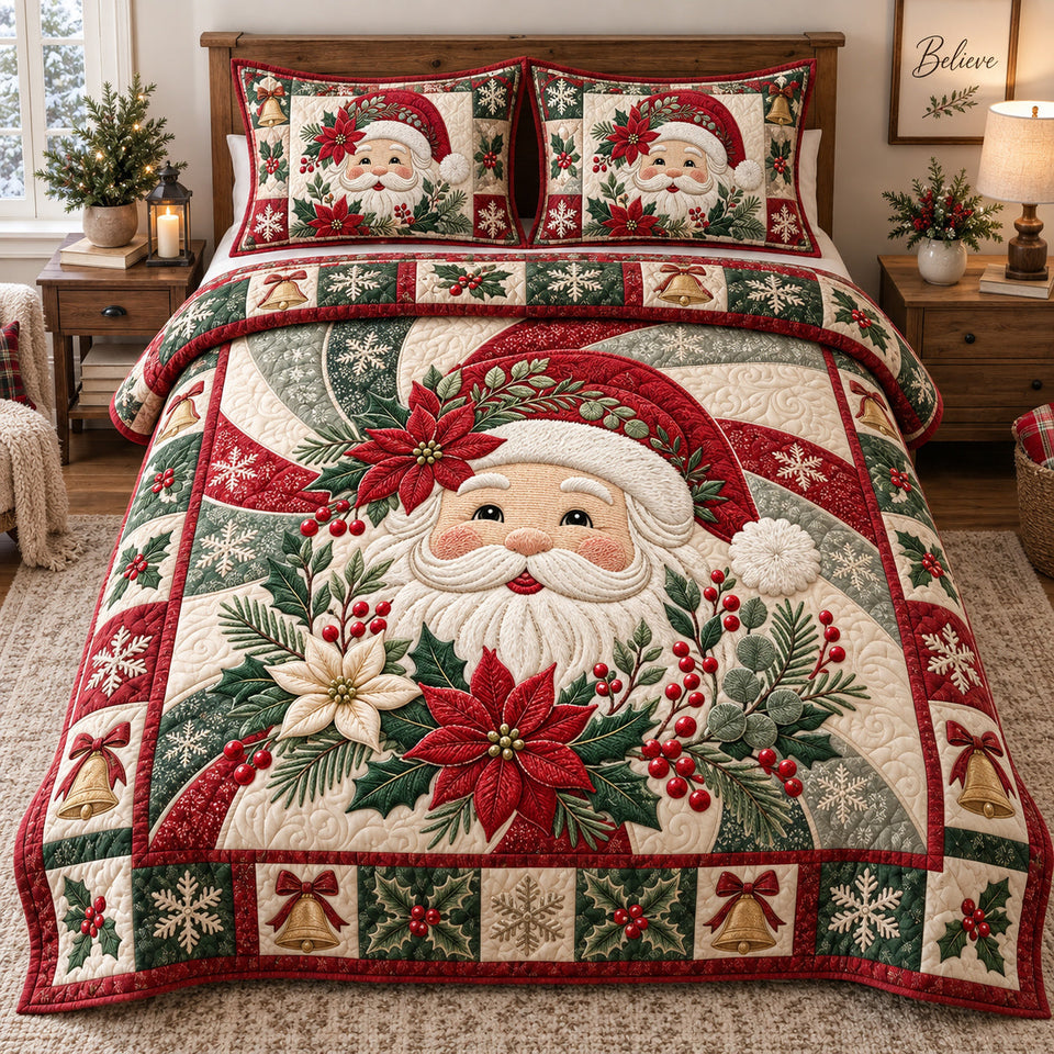 Poinsettia Santa Swirl quilted bedding set, quilt and two pillow shams on a made bed
