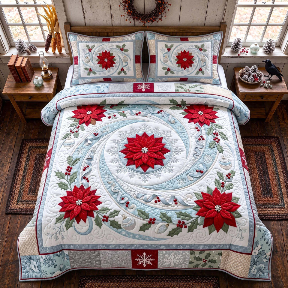 Poinsettia Snow quilted bedding set, quilt and two pillow shams on a made bed