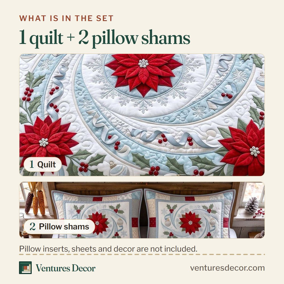 What is in the set: one quilt and two pillow shams, shown in the Poinsettia Snow design