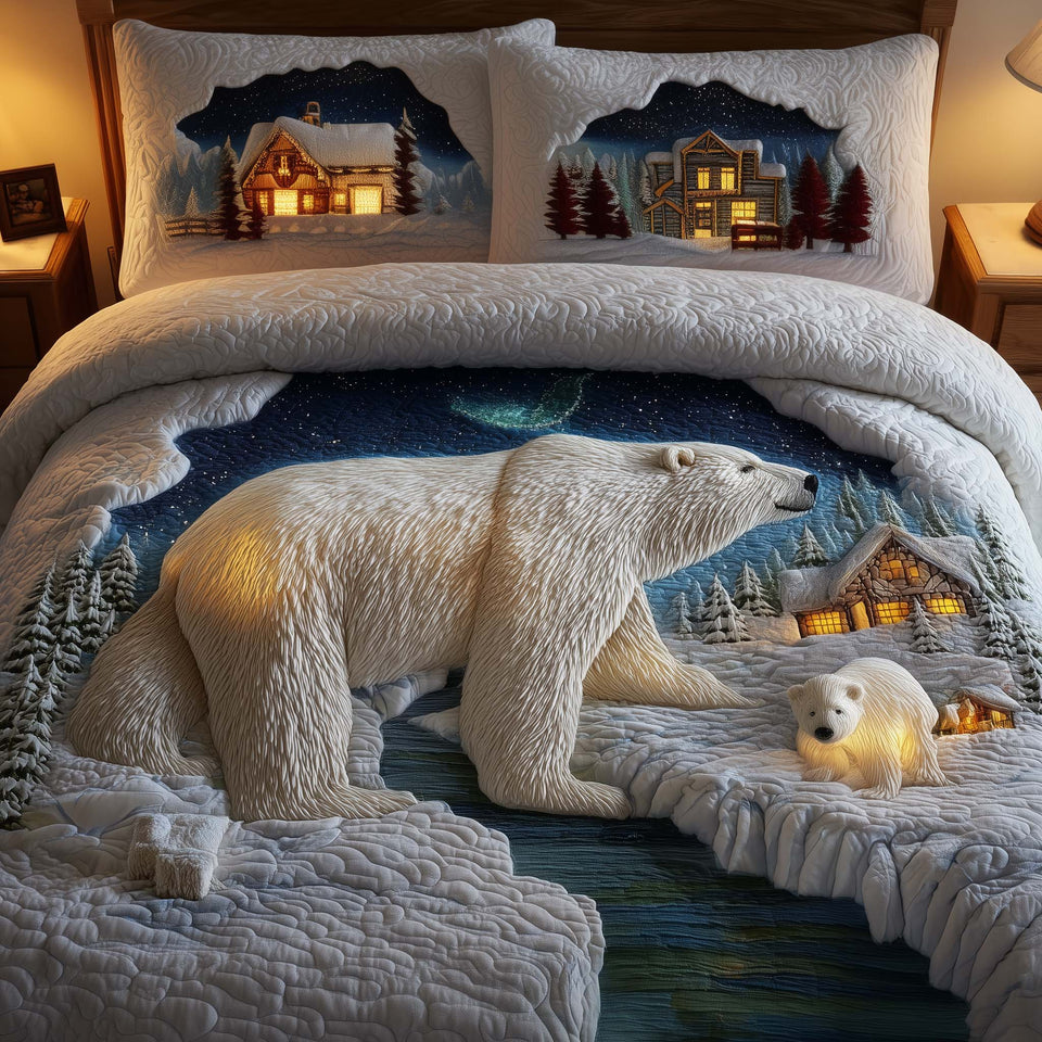 Polar Bear Cub by Cabin Light quilted bedding set, quilt and two pillow shams on a made bed