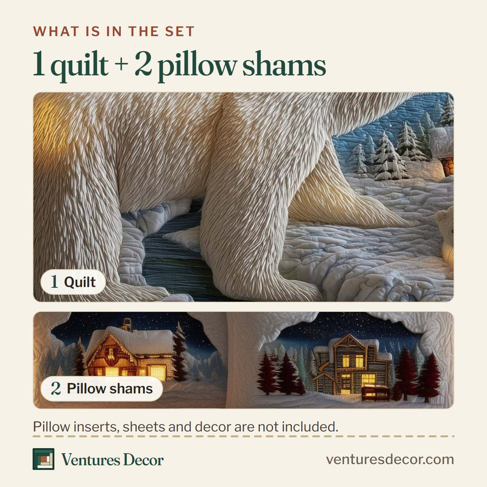 What is in the set: one quilt and two pillow shams, shown in the Polar Bear Cub by Cabin Light design