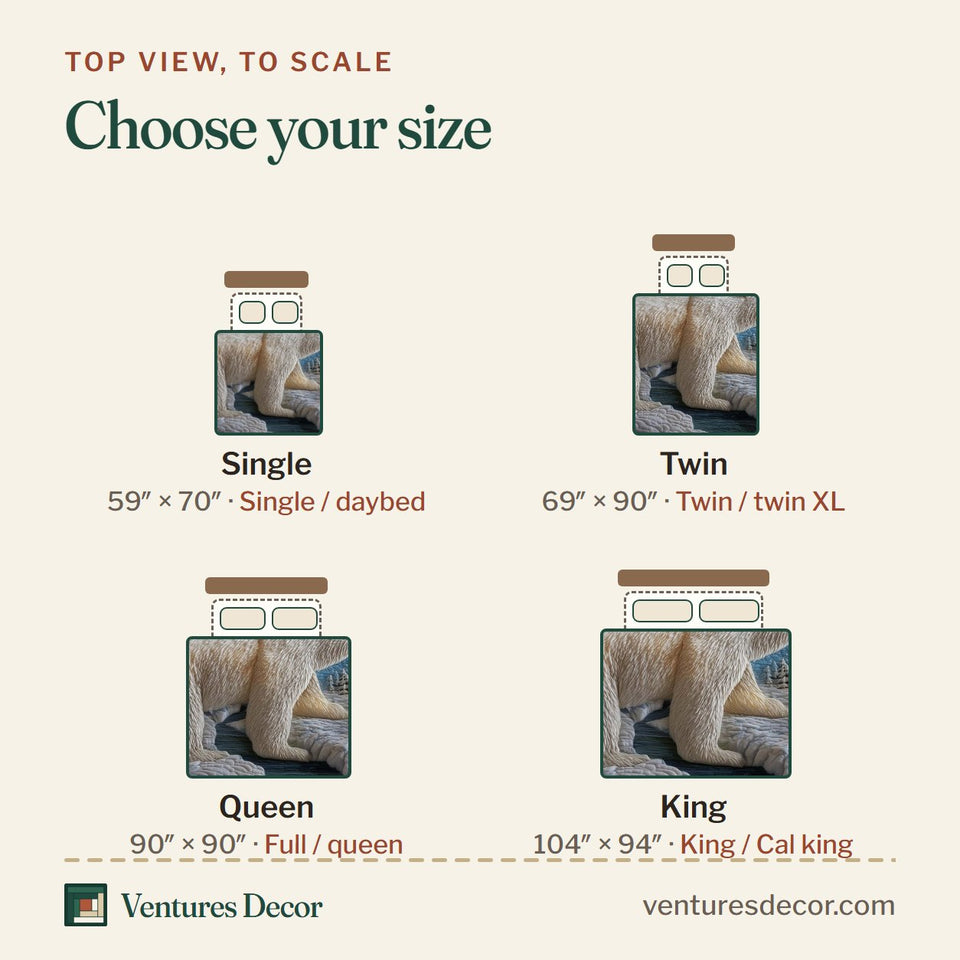Size guide for the Polar Bear Cub by Cabin Light quilt, top view to scale: Single 59 x 70 in, Twin 69 x 90 in, Queen 90 x 90 in, King 104 x 94 in