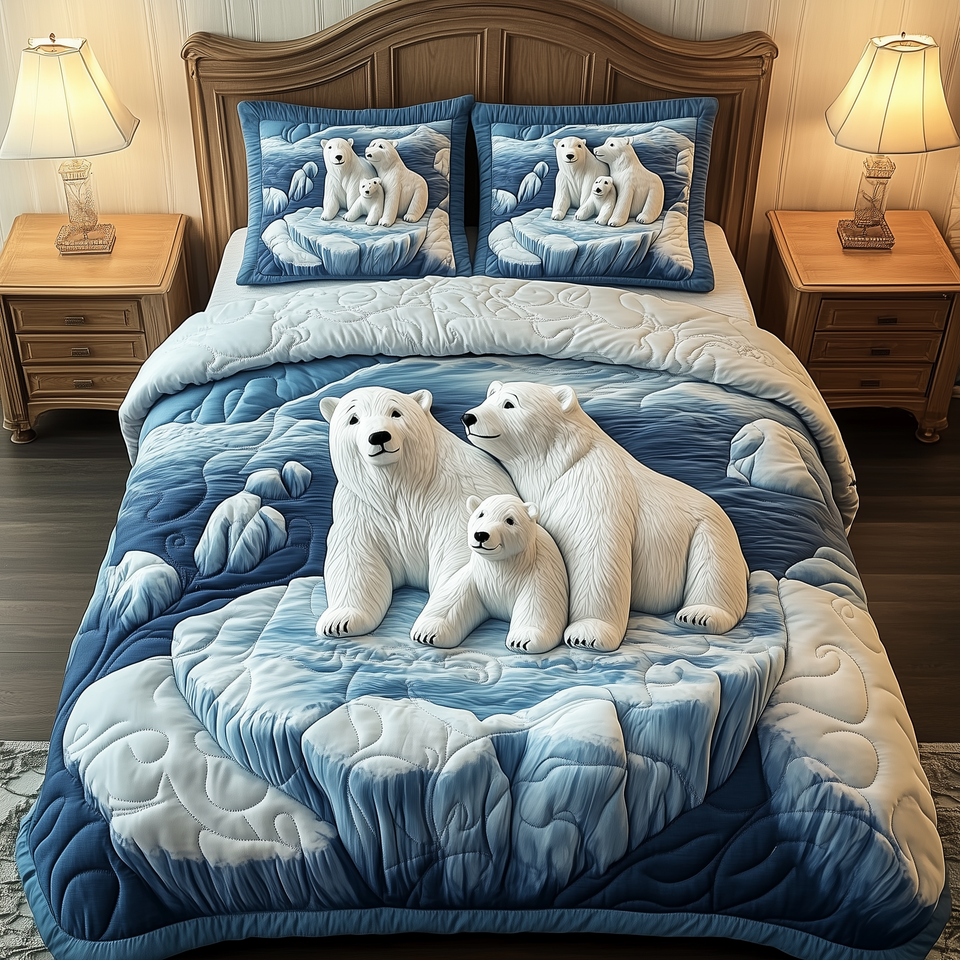 Polar Bear Family Iceberg quilted bedding set, quilt and two pillow shams on a made bed