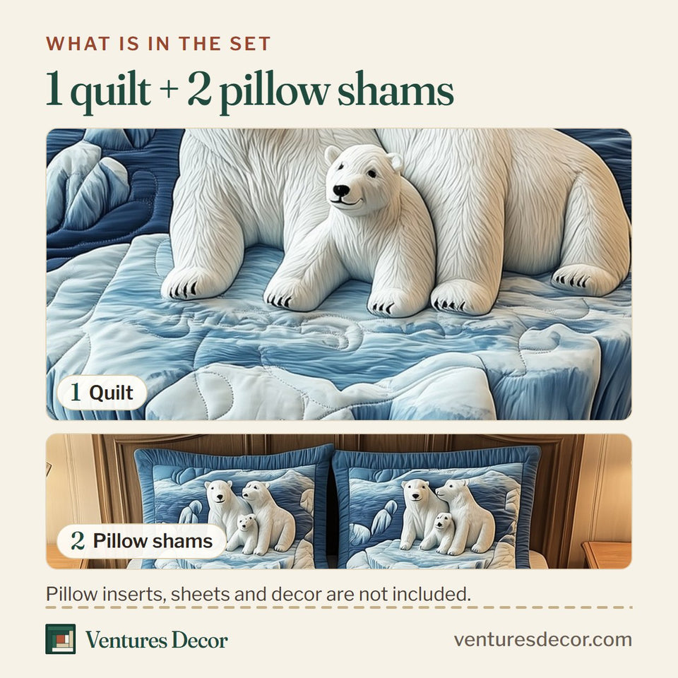 What is in the set: one quilt and two pillow shams, shown in the Polar Bear Family Iceberg design