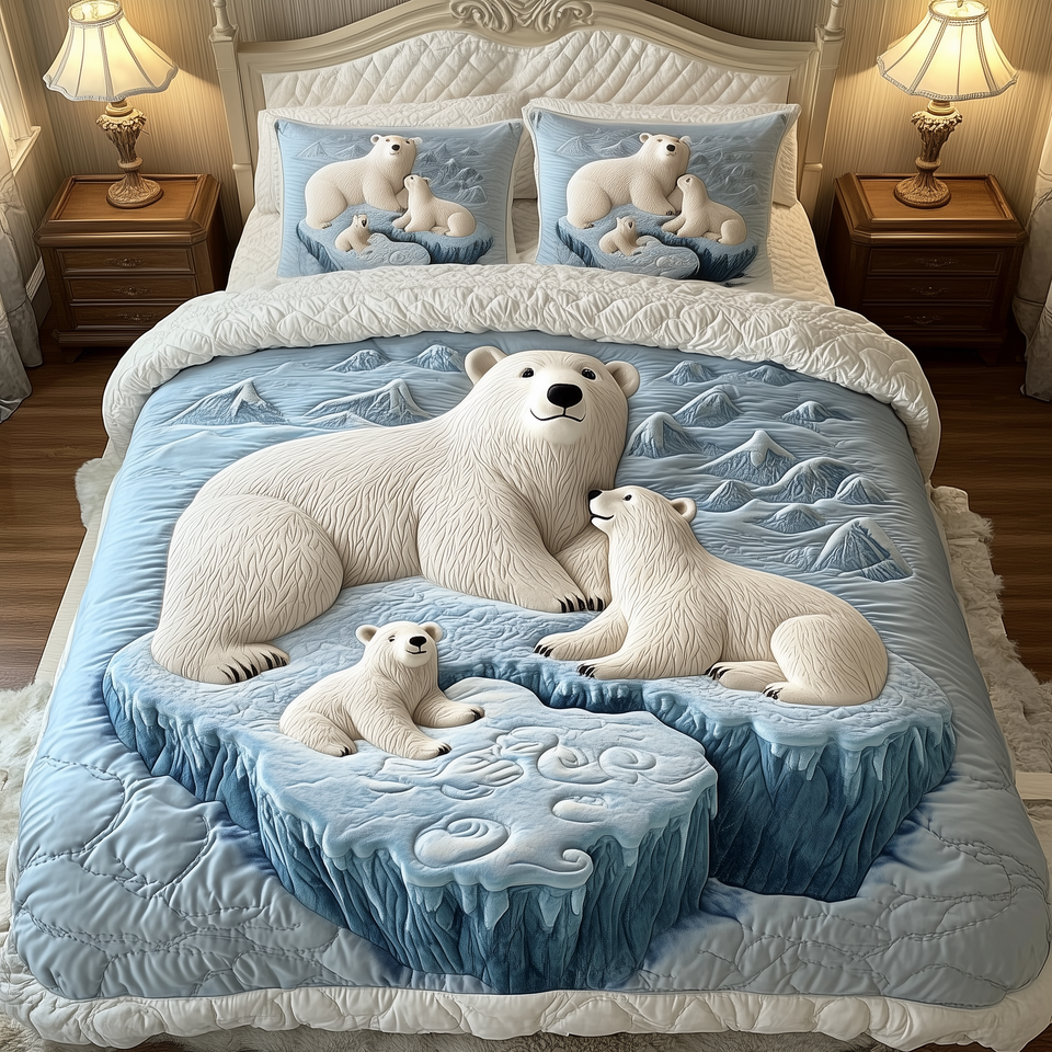 Polar Bear Family Resting on Floe quilted bedding set, quilt and two pillow shams on a made bed