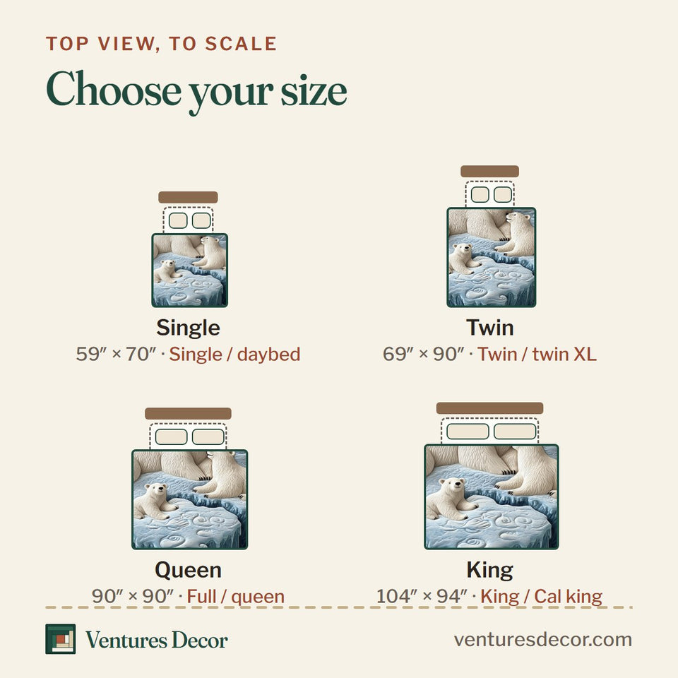 Size guide for the Polar Bear Family Resting on Floe quilt, top view to scale: Single 59 x 70 in, Twin 69 x 90 in, Queen 90 x 90 in, King 104 x 94 in