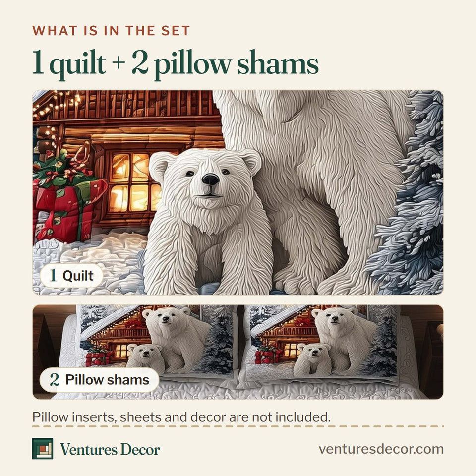 What is in the set: one quilt and two pillow shams, shown in the Polar Bear Log Cabin Holiday design