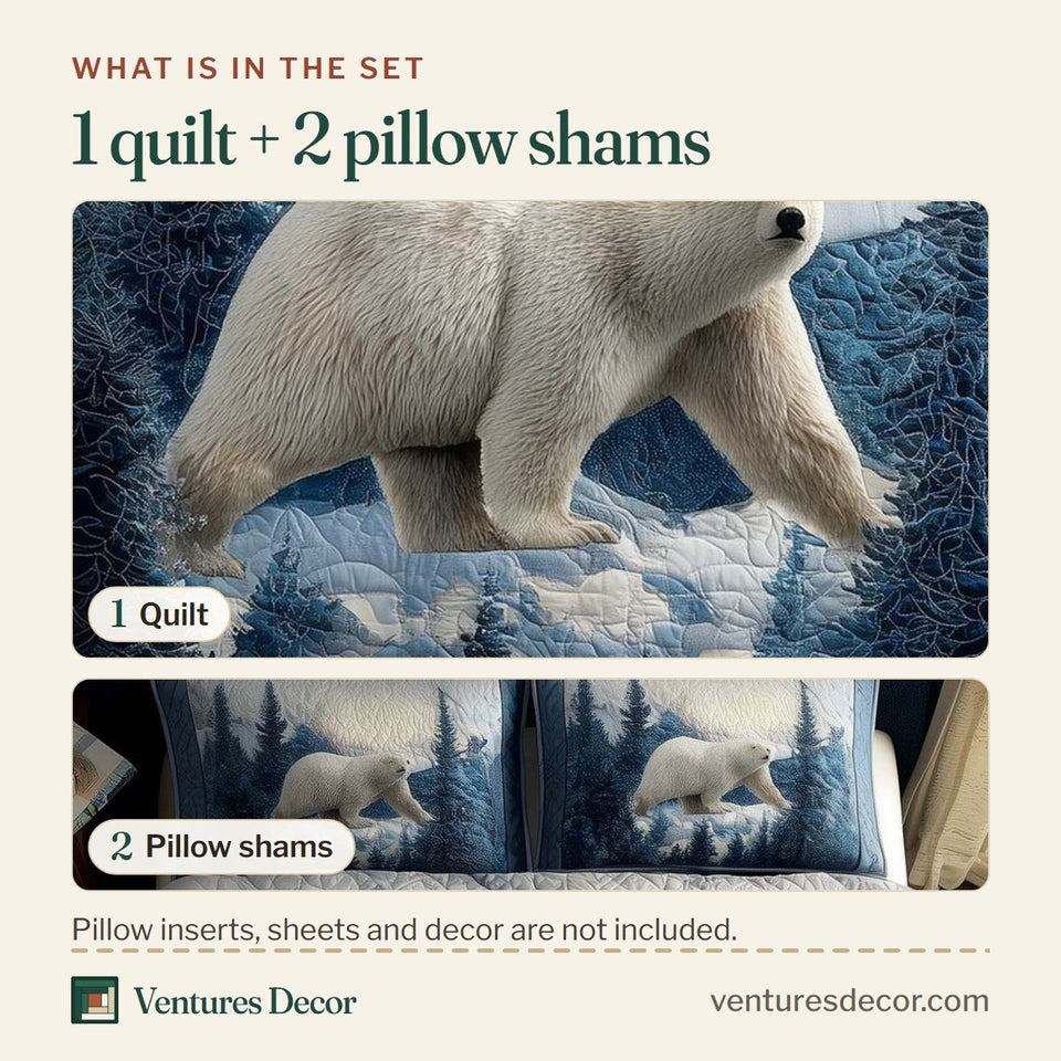 What is in the set: one quilt and two pillow shams, shown in the Polar Bear Pine Forest Ice Walk design