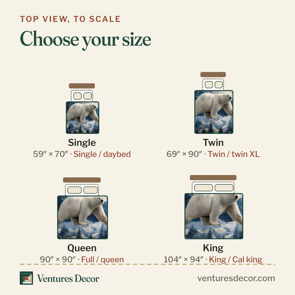 Size guide for the Polar Bear Pine Forest Ice Walk quilt, top view to scale: Single 59 x 70 in, Twin 69 x 90 in, Queen 90 x 90 in, King 104 x 94 in