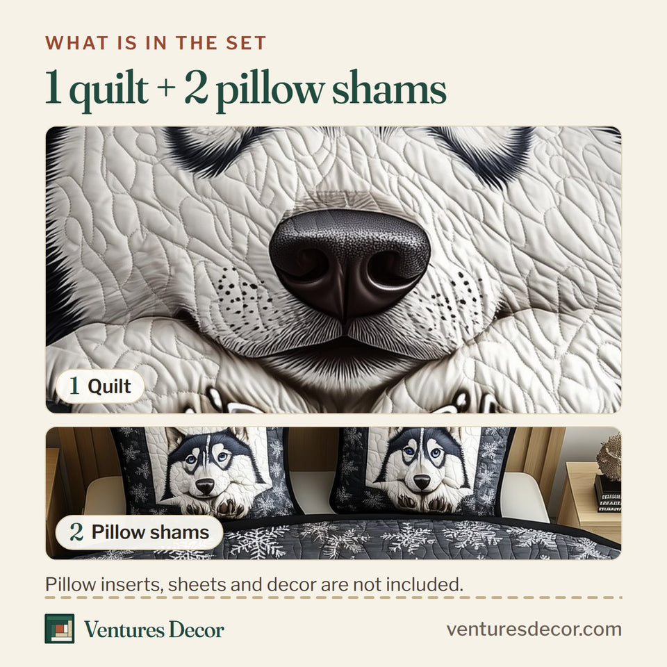 What is in the set: one quilt and two pillow shams, shown in the Polar Guardian Bliss design