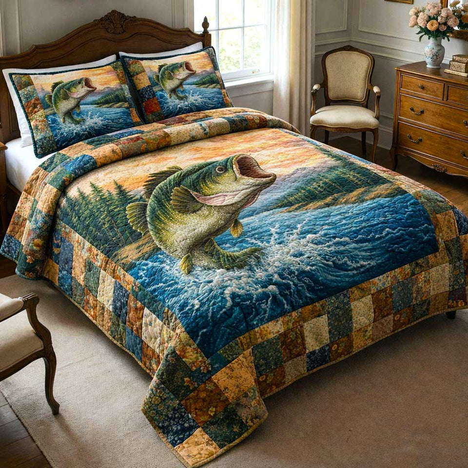 Pond Fishing quilted bedding set, quilt and two pillow shams on a made bed