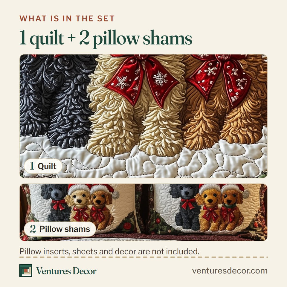 What is in the set: one quilt and two pillow shams, shown in the Poodle Family design