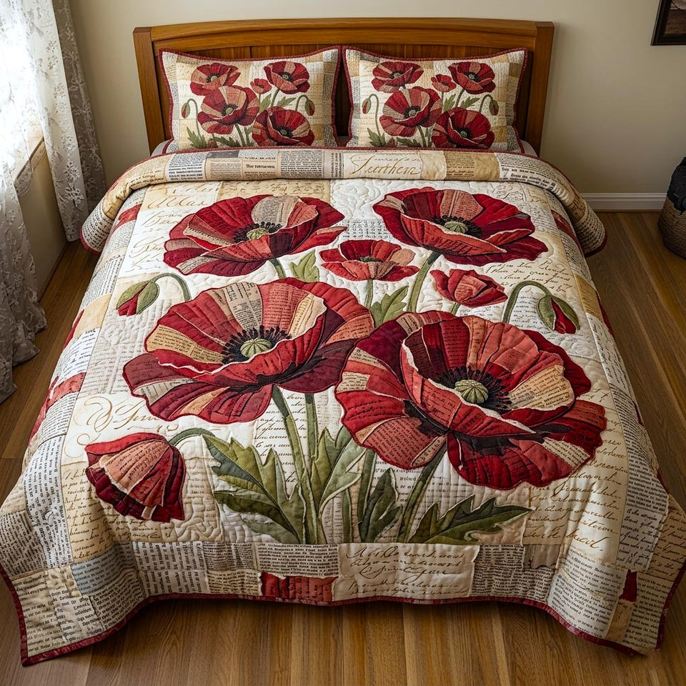 Poppy Elegance quilted bedding set, quilt and two pillow shams on a made bed