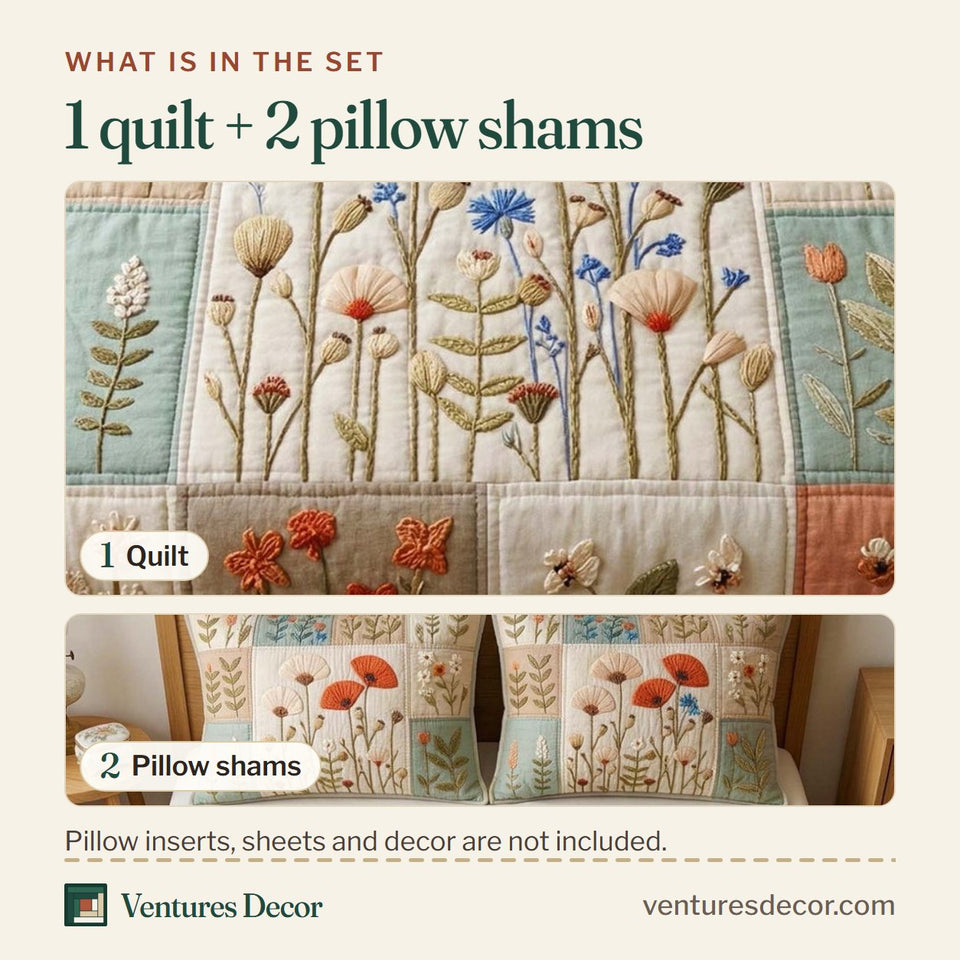 What is in the set: one quilt and two pillow shams, shown in the Poppy Meadow design