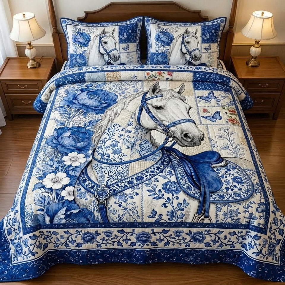 Porcelain Horse quilted bedding set, quilt and two pillow shams on a made bed