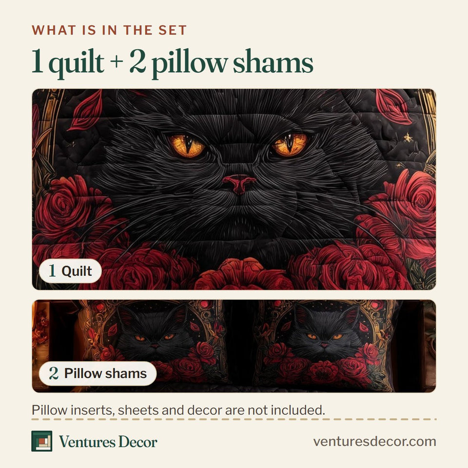 What is in the set: one quilt and two pillow shams, shown in the Powerful Cat Red Roses on Charcoal design