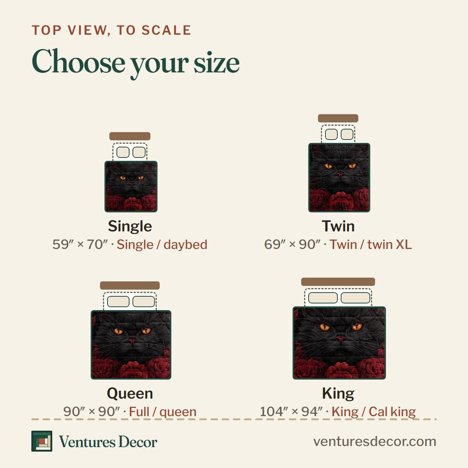 Size guide for the Powerful Cat Red Roses on Charcoal quilt, top view to scale: Single 59 x 70 in, Twin 69 x 90 in, Queen 90 x 90 in, King 104 x 94 in