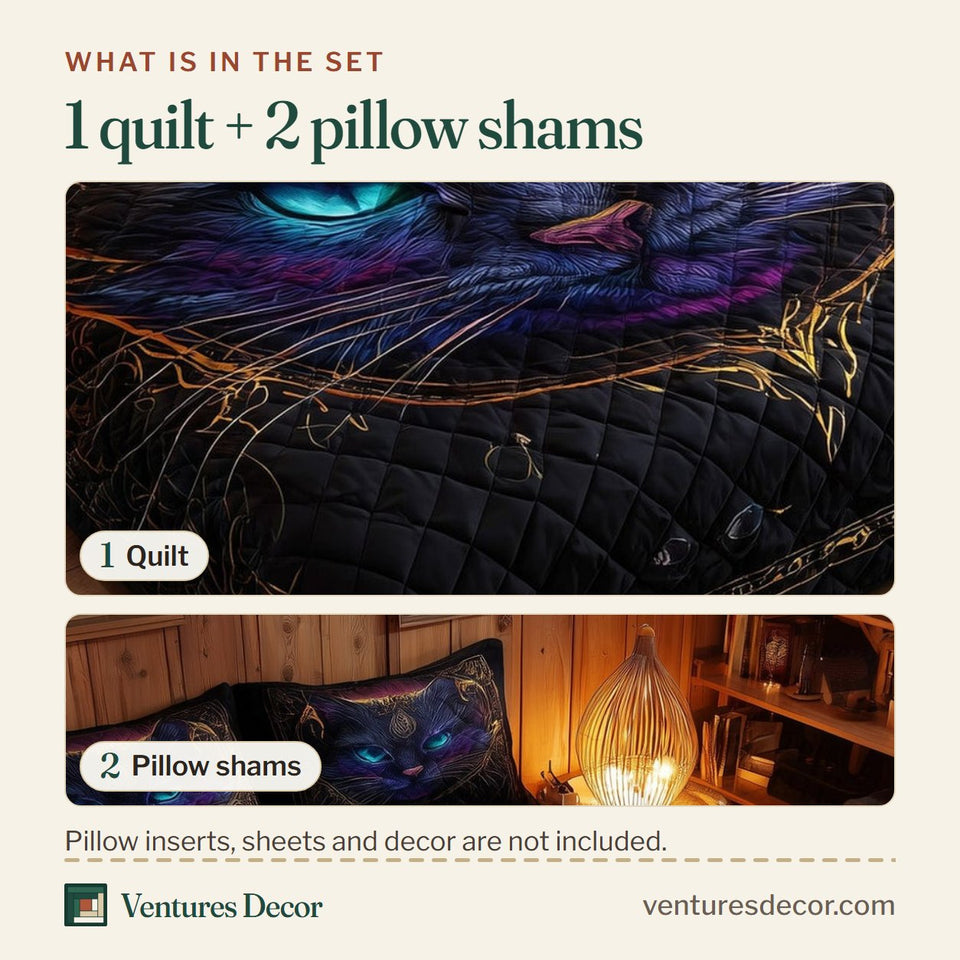 What is in the set: one quilt and two pillow shams, shown in the Powerful Cat Violet Face with Teal Eyes design