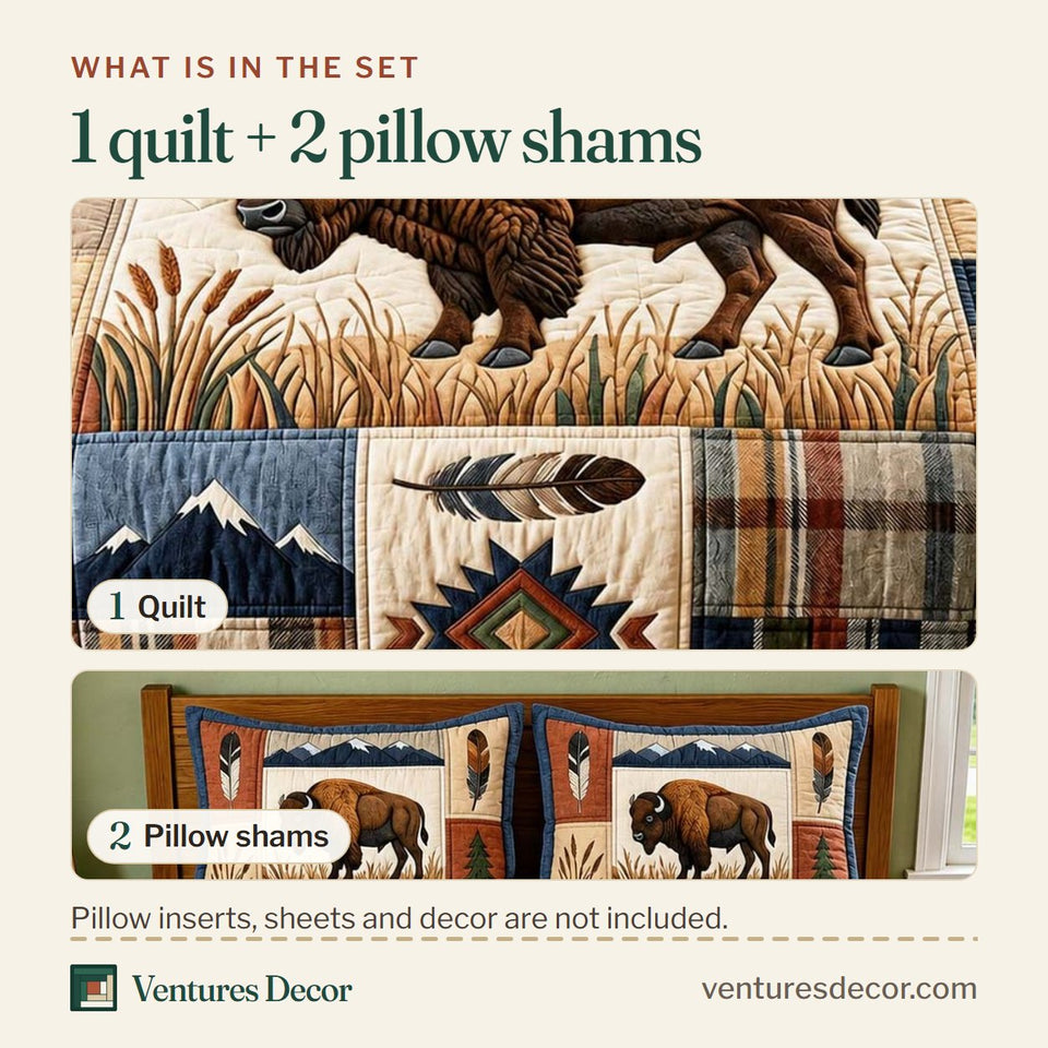 What is in the set: one quilt and two pillow shams, shown in the Prairie Buffalo design