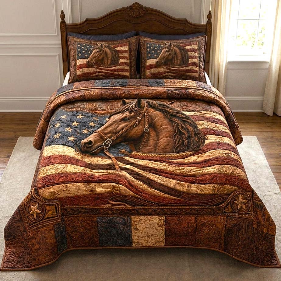 Prairie Flag Horse quilted bedding set, quilt and two pillow shams on a made bed
