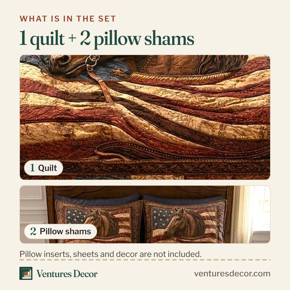 What is in the set: one quilt and two pillow shams, shown in the Prairie Flag Horse design