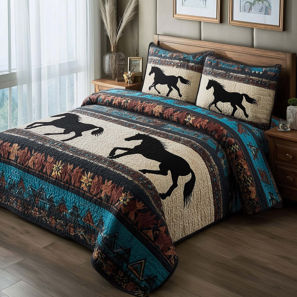 Prairie Horse Black Silhouette Bands quilted bedding set, quilt and two pillow shams on a made bed