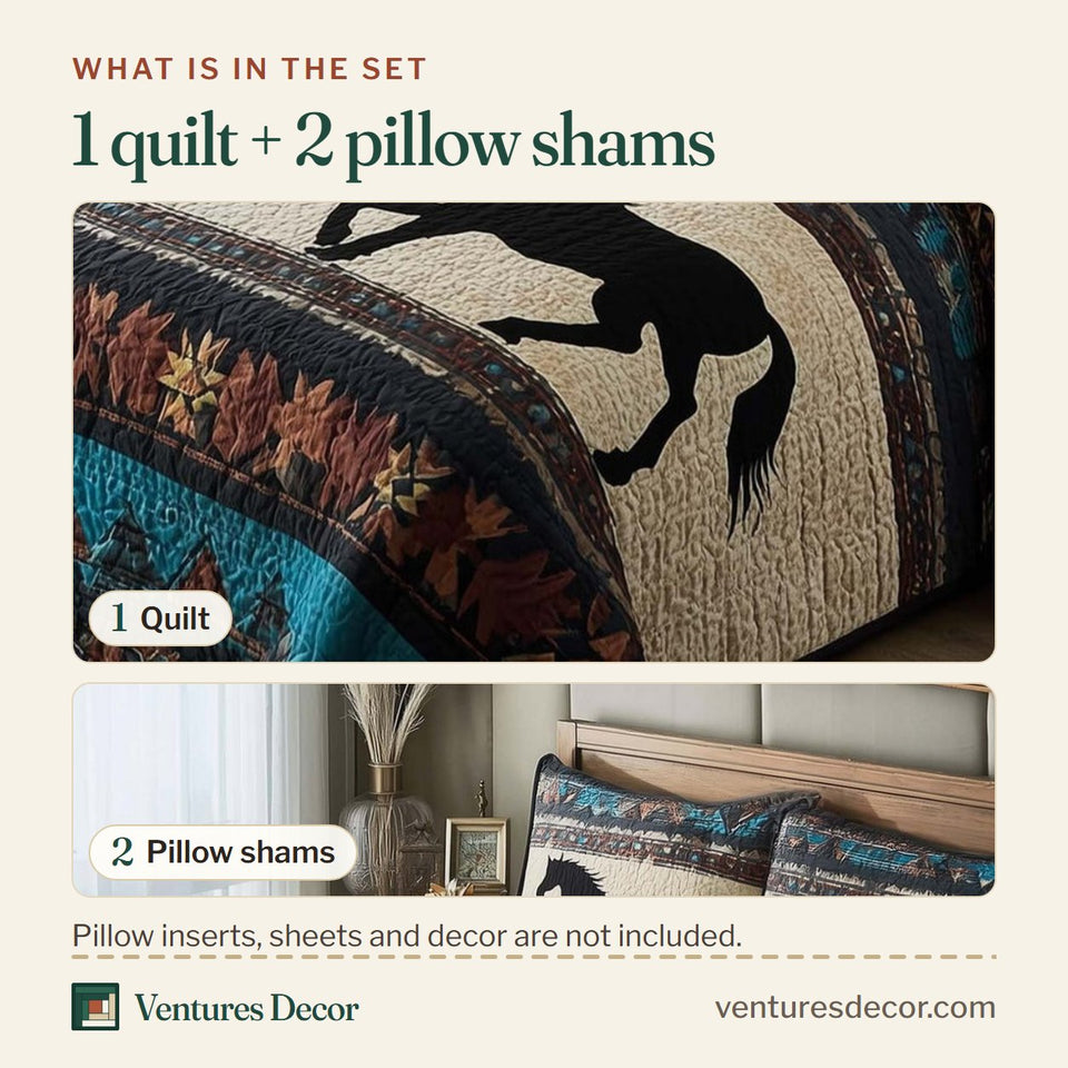 What is in the set: one quilt and two pillow shams, shown in the Prairie Horse Black Silhouette Bands design