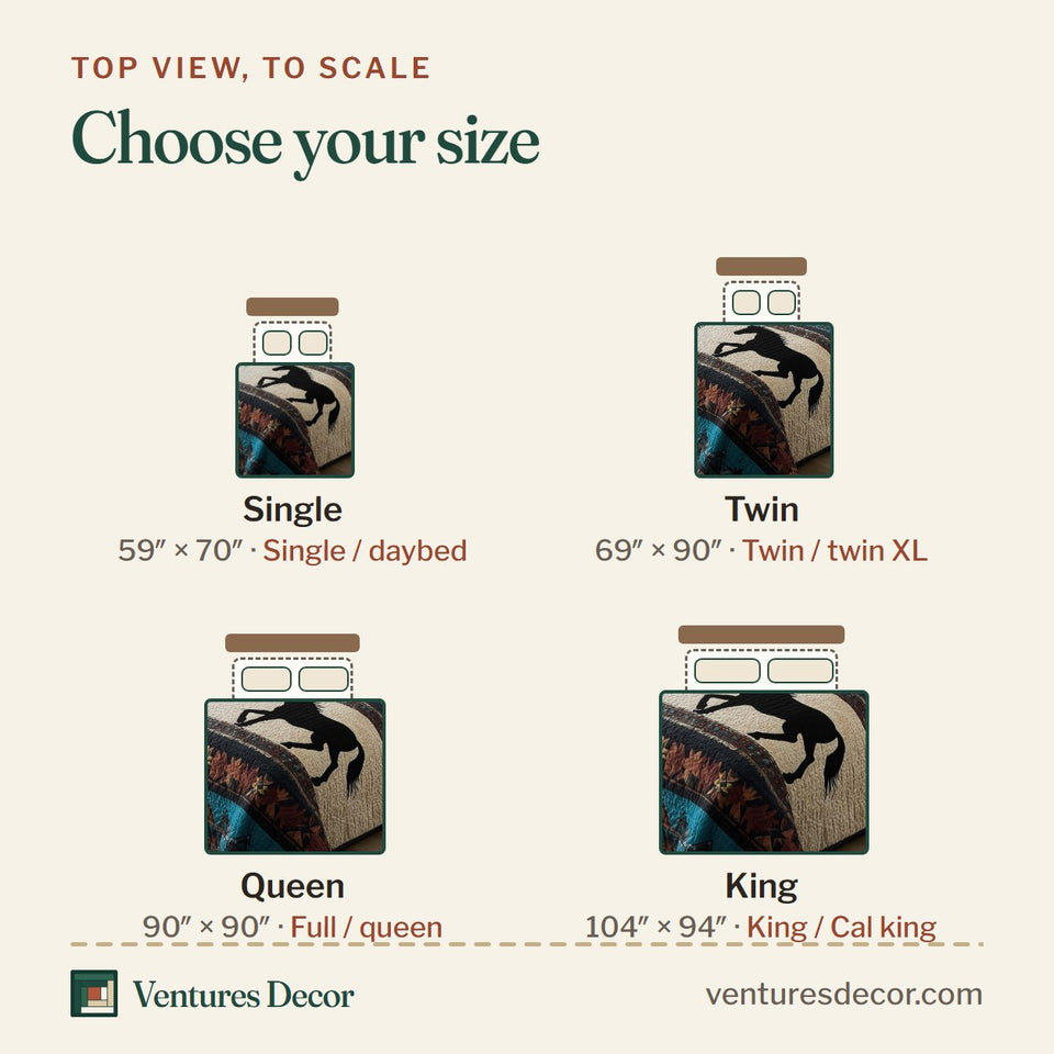 Size guide for the Prairie Horse Black Silhouette Bands quilt, top view to scale: Single 59 x 70 in, Twin 69 x 90 in, Queen 90 x 90 in, King 104 x 94 in