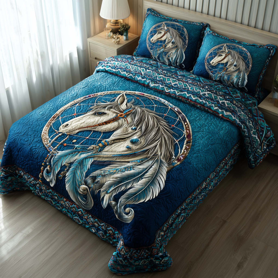 Prairie Horse Blue Dreamcatcher Mane quilted bedding set, quilt and two pillow shams on a made bed
