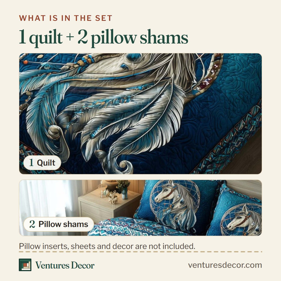 What is in the set: one quilt and two pillow shams, shown in the Prairie Horse Blue Dreamcatcher Mane design