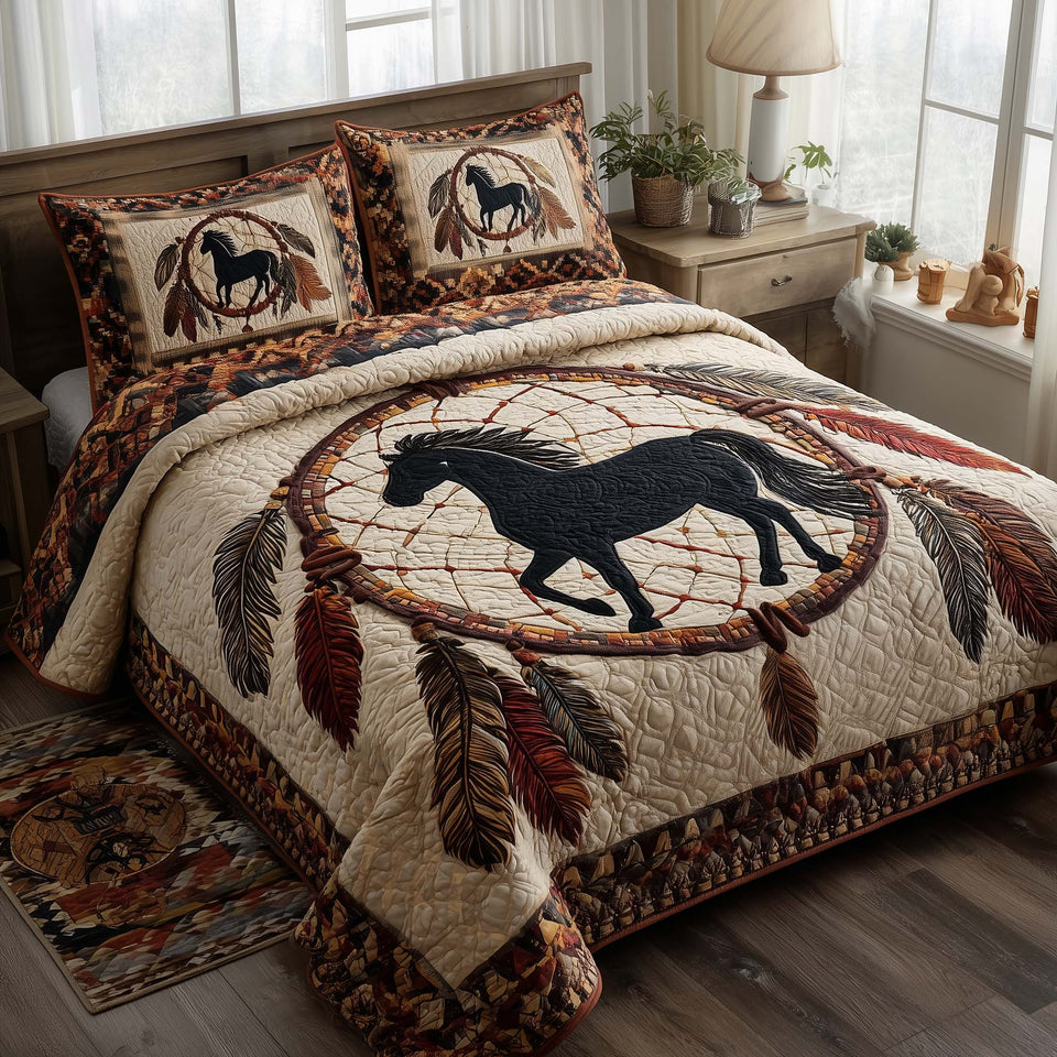 Prairie Horse Feathered Dreamcatcher Tan quilted bedding set, quilt and two pillow shams on a made bed