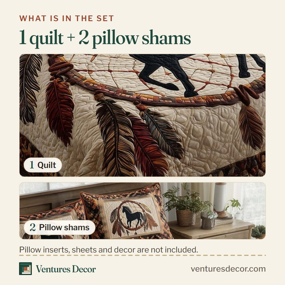 What is in the set: one quilt and two pillow shams, shown in the Prairie Horse Feathered Dreamcatcher Tan design