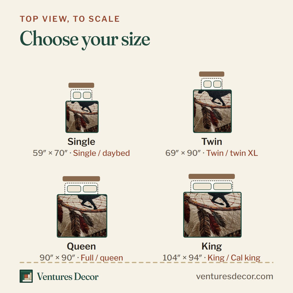 Size guide for the Prairie Horse Feathered Dreamcatcher Tan quilt, top view to scale: Single 59 x 70 in, Twin 69 x 90 in, Queen 90 x 90 in, King 104 x 94 in