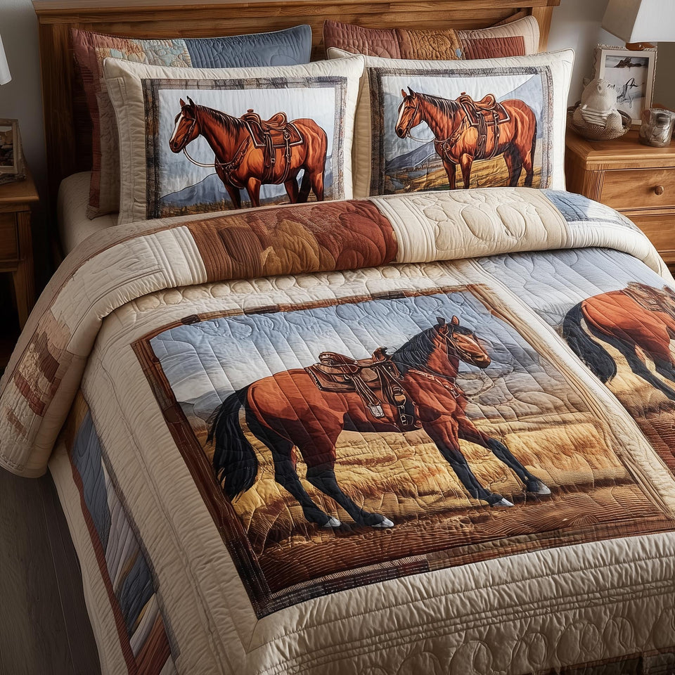 Prairie Horse Framed Field Panel quilted bedding set, quilt and two pillow shams on a made bed