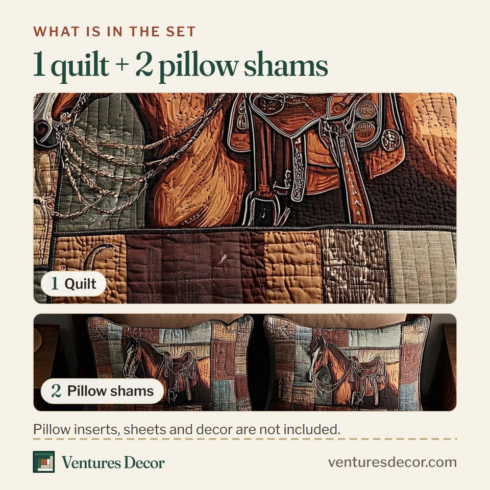What is in the set: one quilt and two pillow shams, shown in the Prairie Horse Green Patch Saddle design