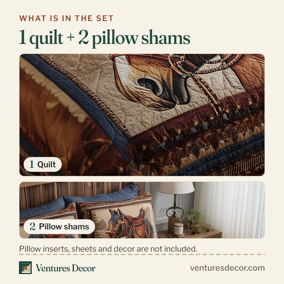What is in the set: one quilt and two pillow shams, shown in the Prairie Horse Halter Portrait Panel design